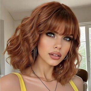 Auburn Bob Wig with Bangs For Women Short Curly Synthetic Wavy Natural Look
